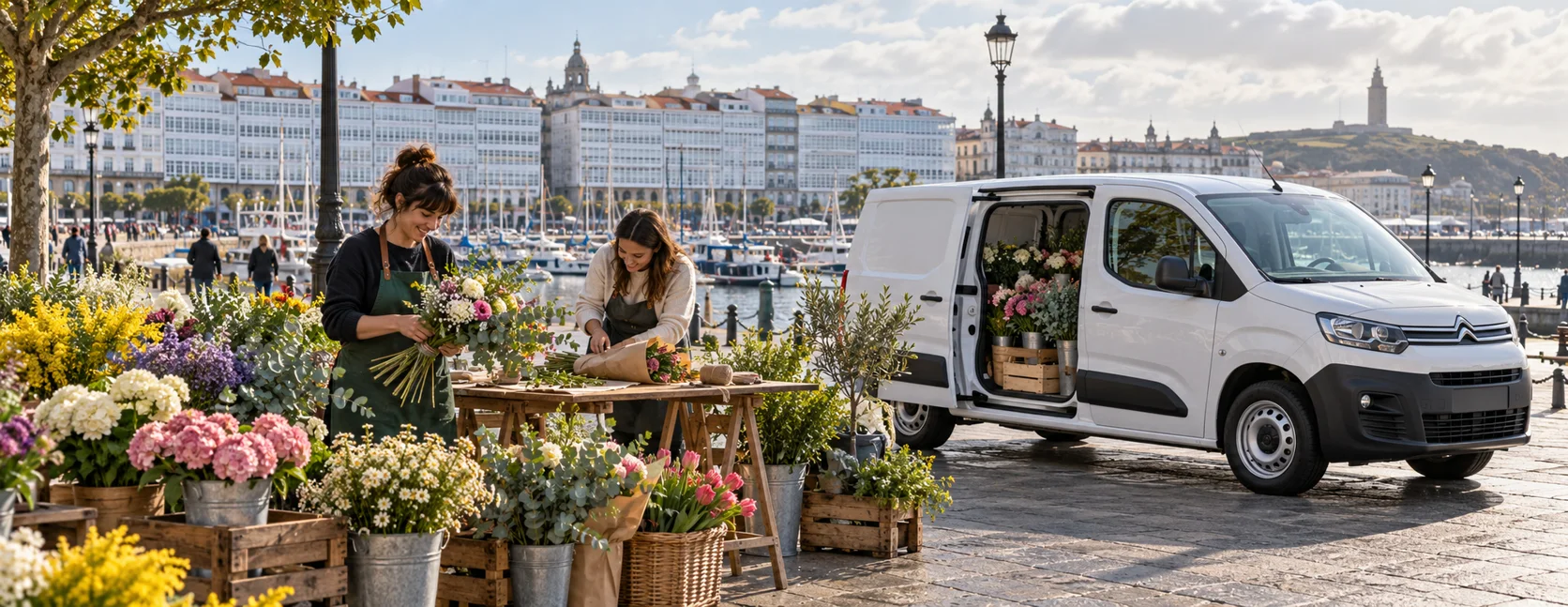 Escena ilustrativa inspirada en A Coruña, con vehículos que no forman parte del inventario