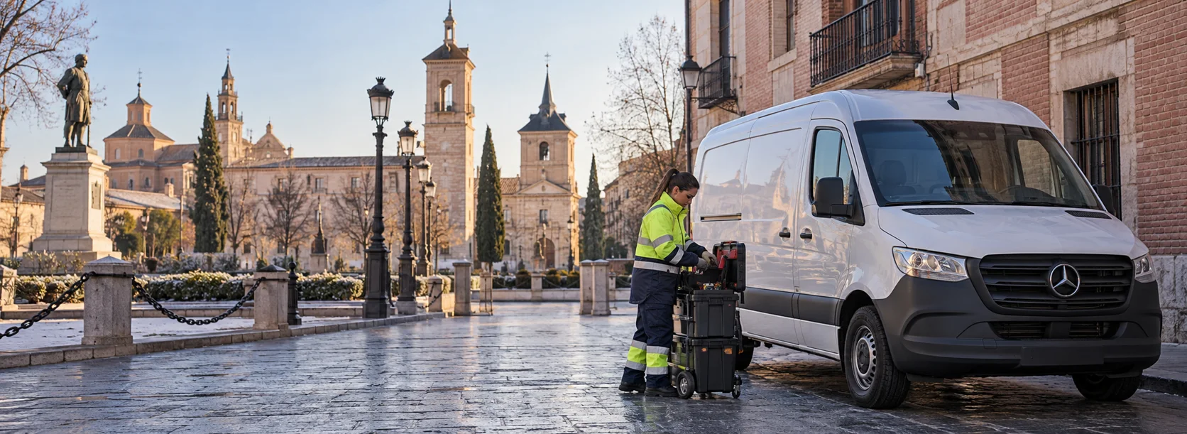 Escena ilustrativa inspirada en Alcalá de Henares, con vehículos que no forman parte del inventario
