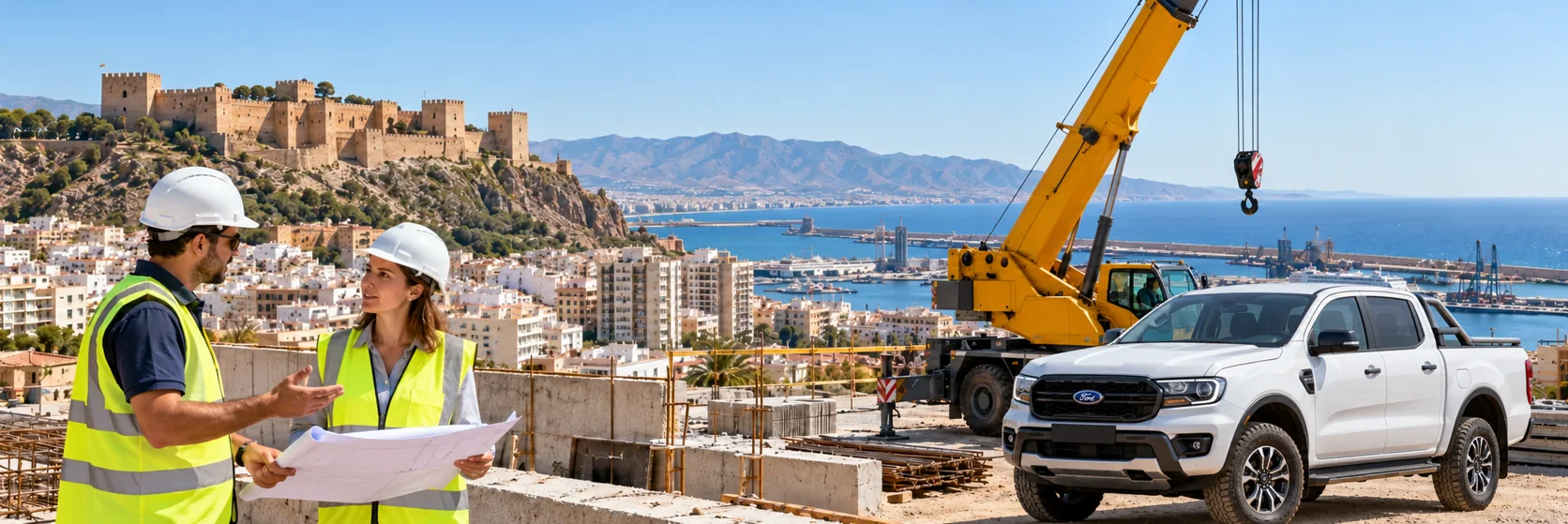 Escena ilustrativa inspirada en Almería, con vehículos que no forman parte del inventario