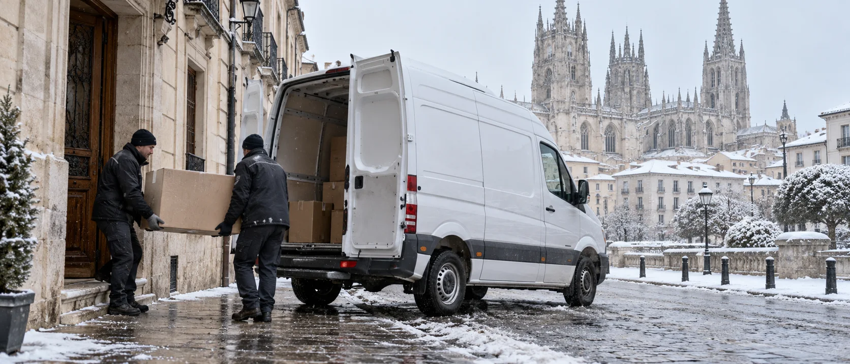 Escena ilustrativa inspirada en Burgos, con vehículos que no forman parte del inventario