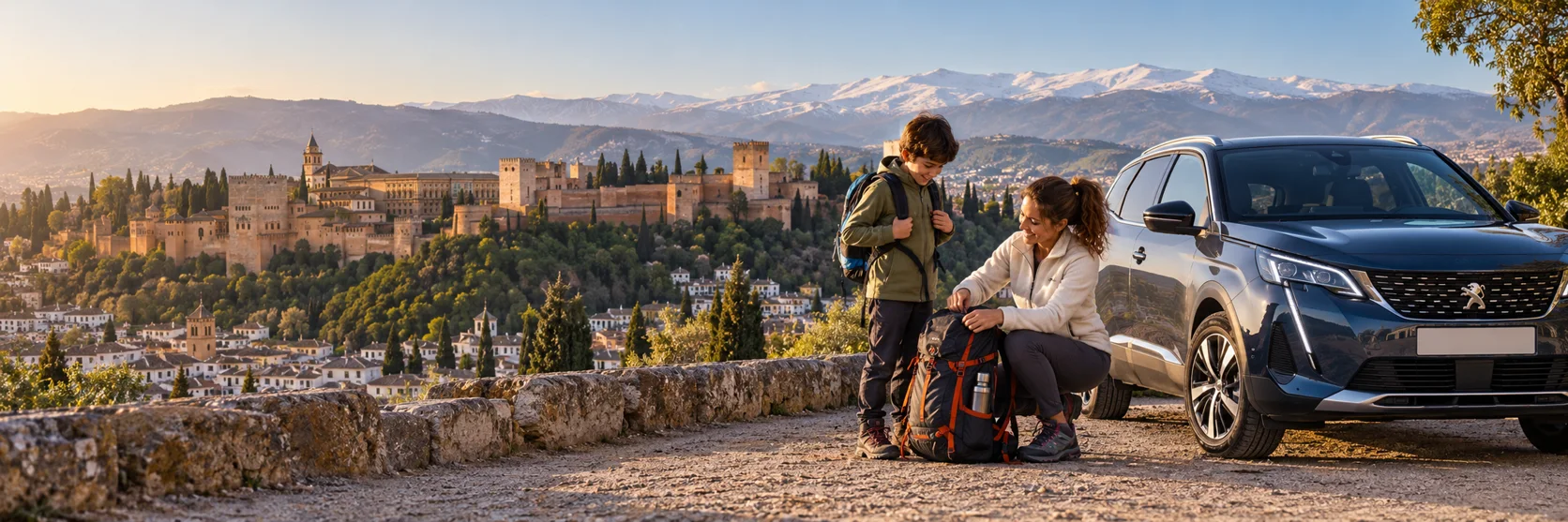 Escena ilustrativa inspirada en Granada, con vehículos que no forman parte del inventario