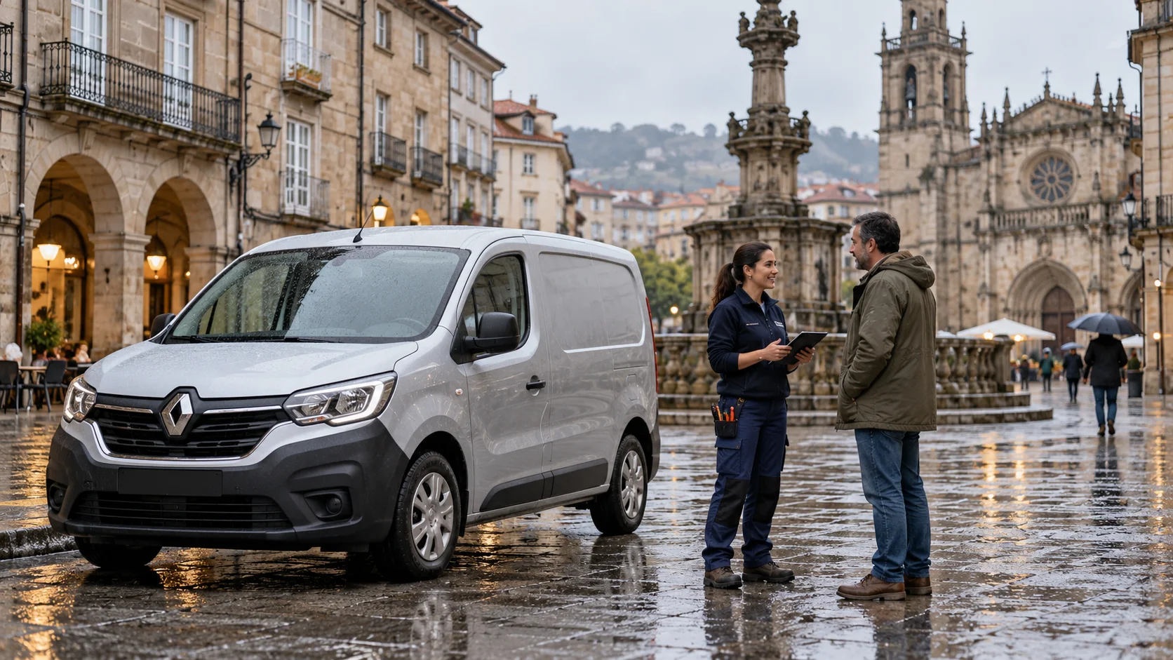 Escena ilustrativa inspirada en Ourense, con vehículos que no forman parte del inventario