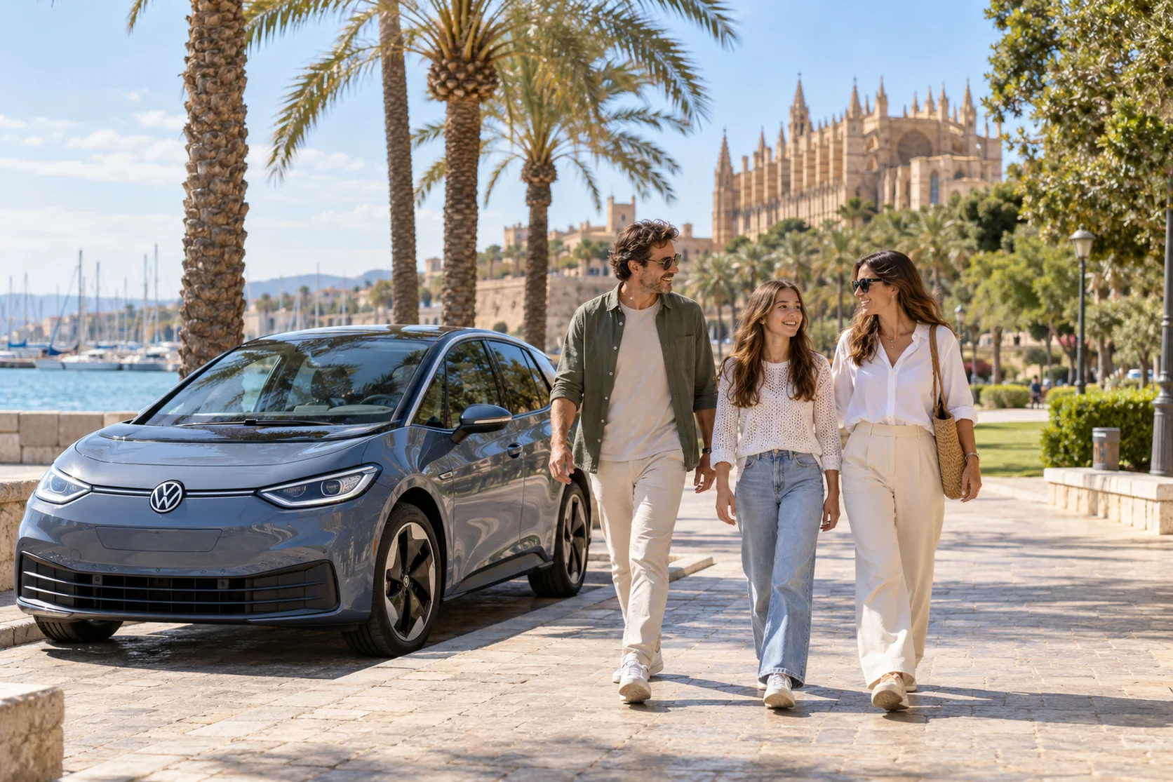 Escena ilustrativa inspirada en Palma, con vehículos que no forman parte del inventario