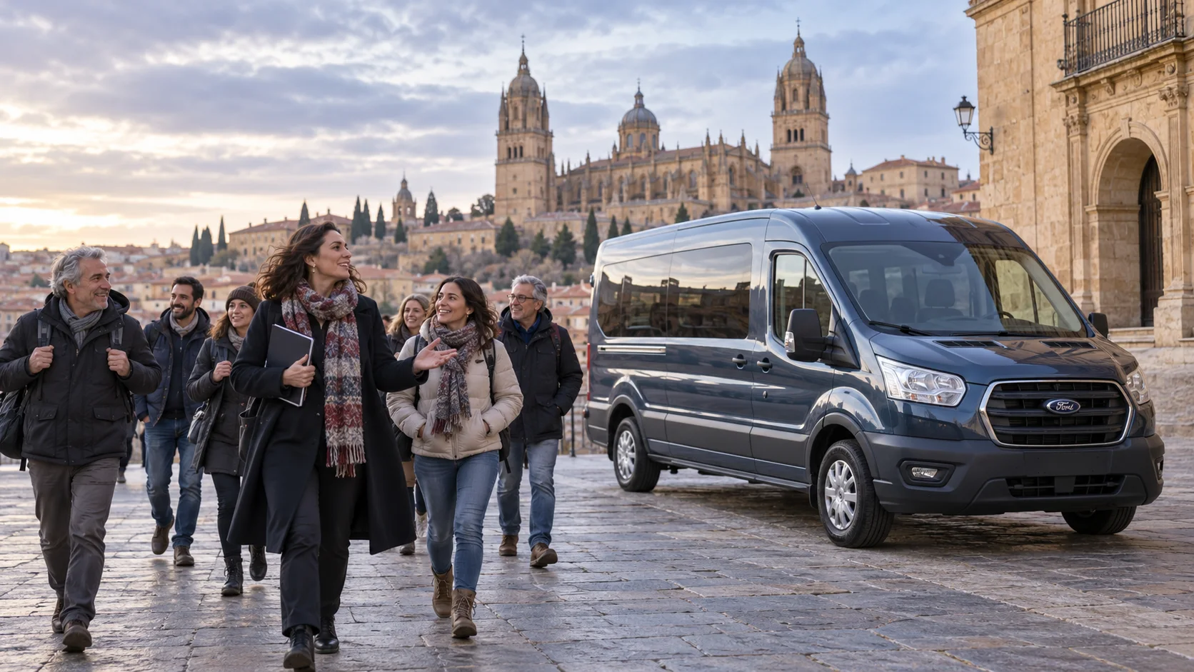 Escena ilustrativa inspirada en Salamanca, con vehículos que no forman parte del inventario