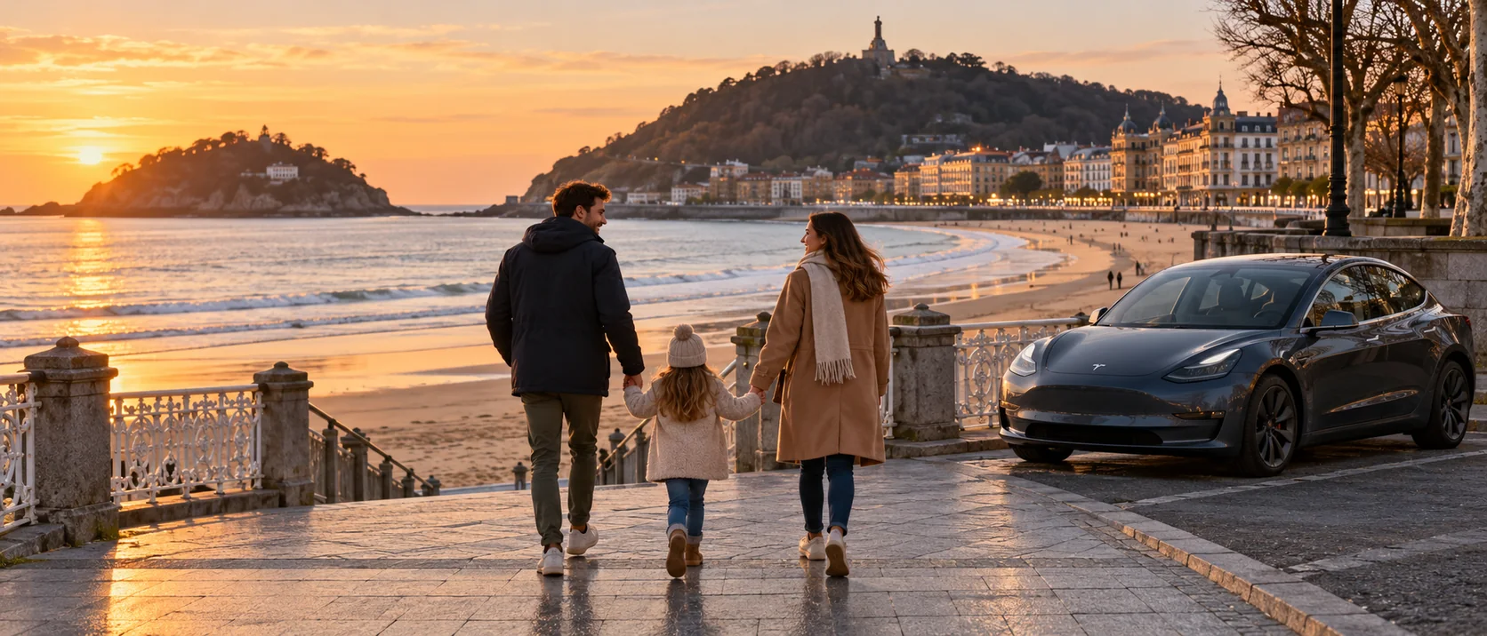 Escena ilustrativa inspirada en San Sebastián, con vehículos que no forman parte del inventario