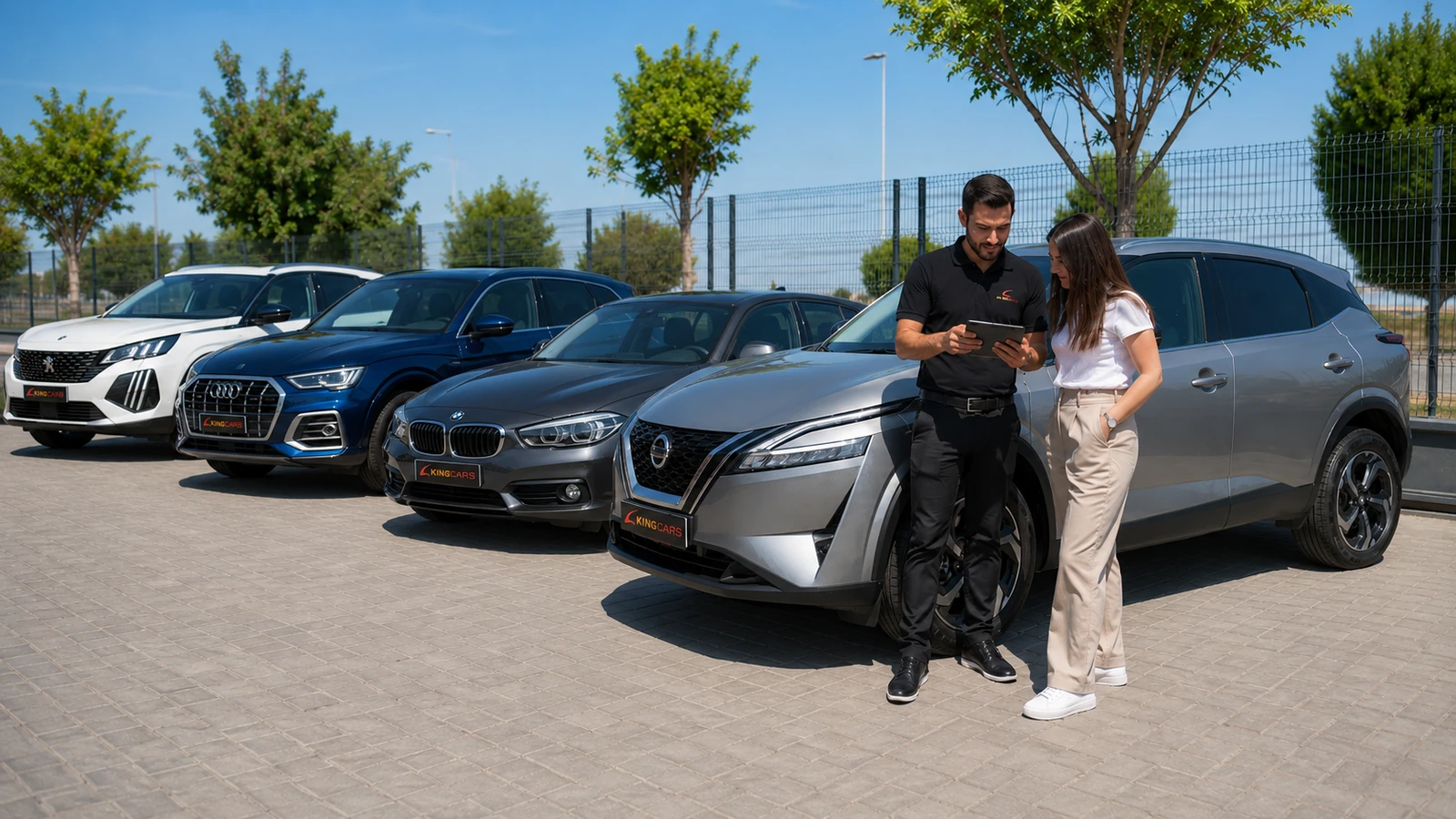 Asesor de KINGCARS resolviendo dudas con una clienta junto a un vehículo