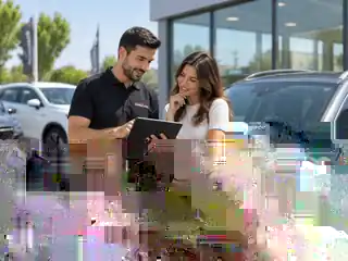 Asesor de KINGCARS resolviendo dudas con una clienta junto a un vehículo